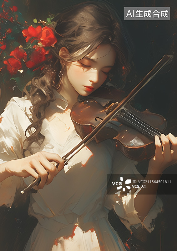 【AI数字艺术】拉小提琴的漂亮女生图片素材
