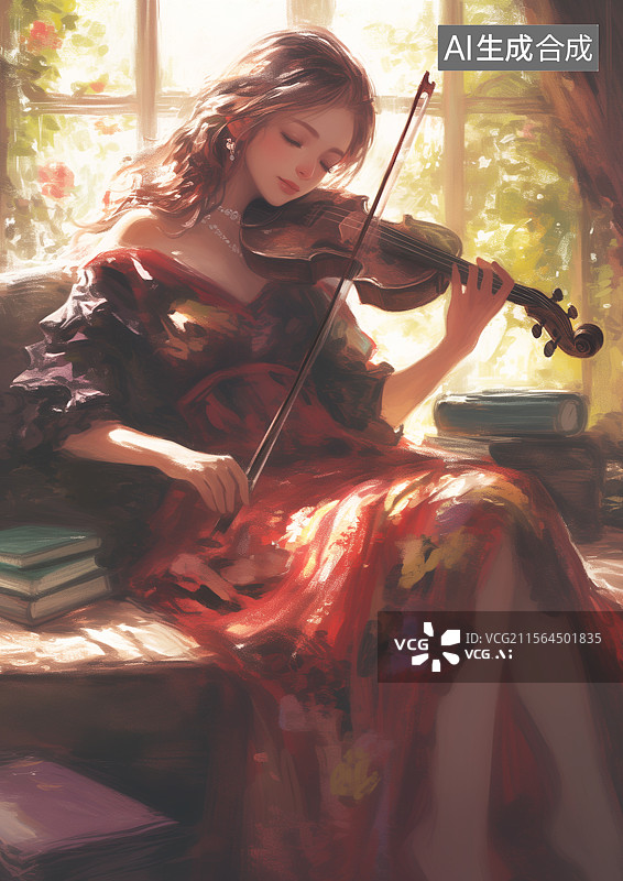 【AI数字艺术】拉小提琴的漂亮女生图片素材