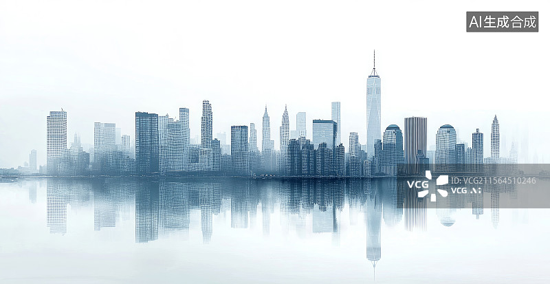 【AI数字艺术】城市建筑群临水倒影景观图片素材