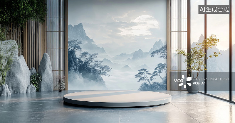 【AI数字艺术】中式山水景观产品展台背景图片素材
