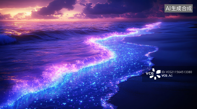 【AI数字艺术】梦幻蓝眼泪荧光海浪海滨夜景图片素材