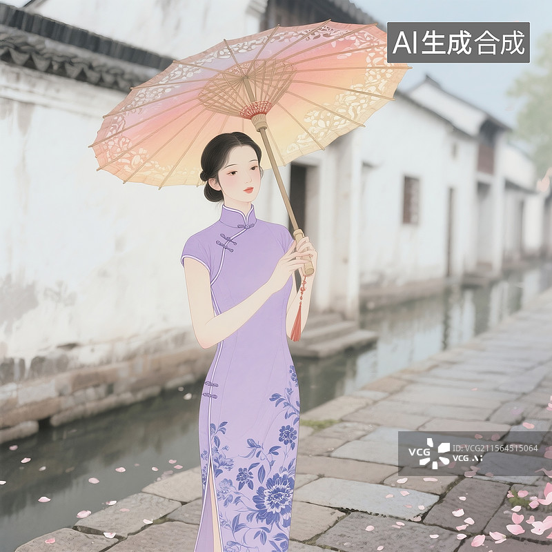 【AI数字艺术】工笔水彩插画，丁香色旗袍女子持镂空油纸伞图片素材