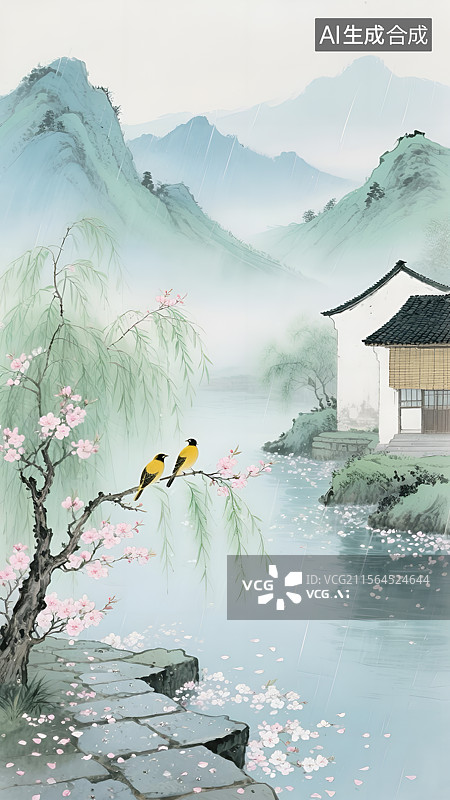 【AI数字艺术】水墨国风烟雨江南古诗春晓插画图片素材