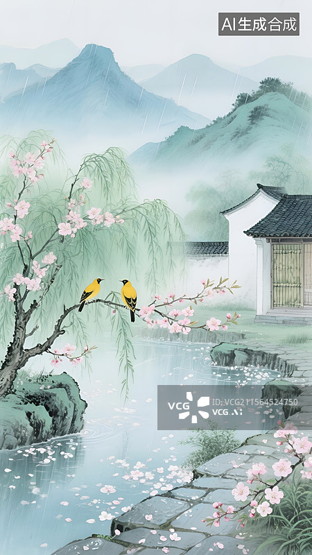 【AI数字艺术】水墨国风烟雨江南古诗春晓插画图片素材