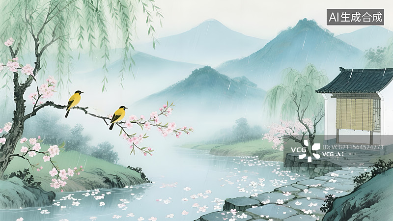 【AI数字艺术】水墨国风烟雨江南古诗春晓插画图片素材