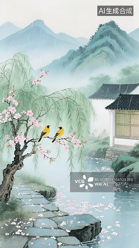 【AI数字艺术】水墨国风烟雨江南古诗春晓插画图片素材