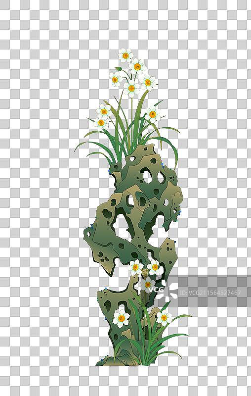 水仙花假山太湖石国风插画图片素材