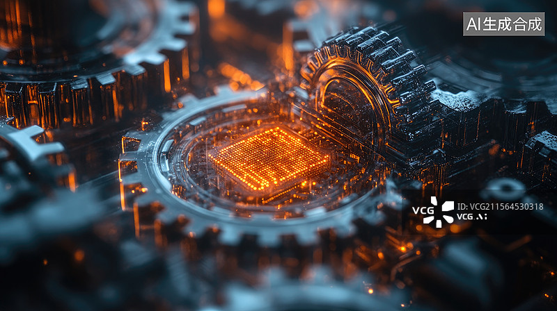 【AI数字艺术】齿轮系统包裹发光芯片图片素材