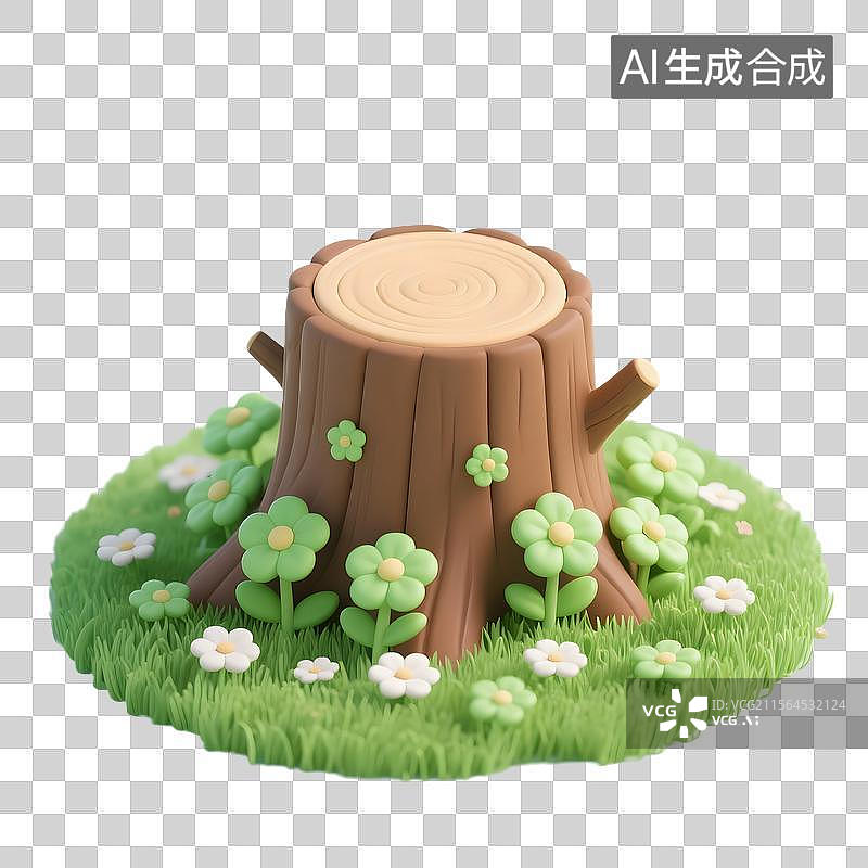 【AI数字艺术】3D树桩草坪与清新花朵图片素材