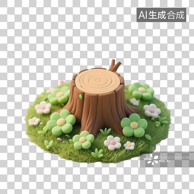 【AI数字艺术】3D树桩草坪与清新花朵图片素材