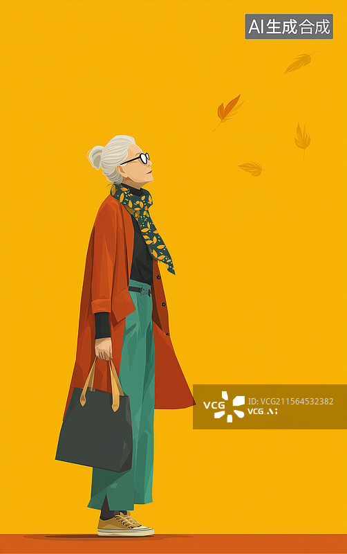【AI数字艺术】时尚穿搭快乐自信的老太太卡通平面插画图片素材