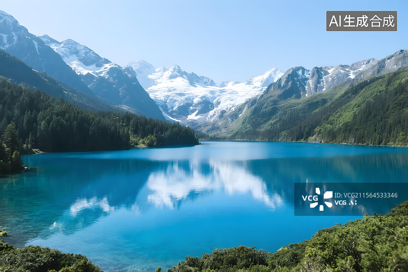 【AI数字艺术】冰川雪山下的宁静湖泊图片素材
