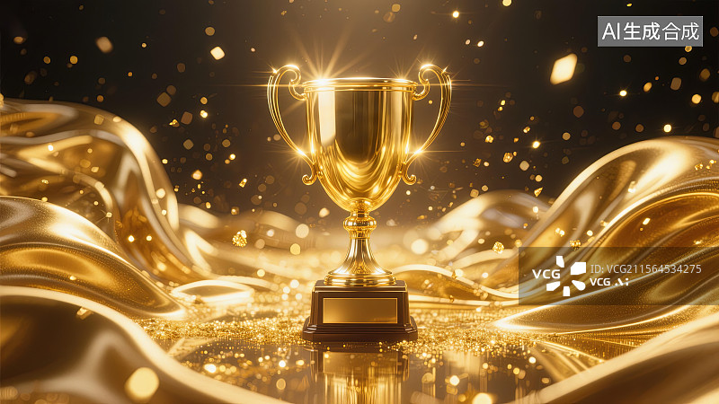 【AI数字艺术】金色荣耀奖杯与流动绸缎的璀璨盛典图片素材