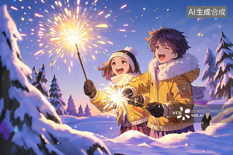 【AI数字艺术】冬日雪景燃放烟花图片素材
