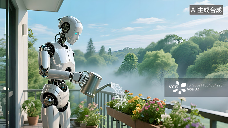 【AI数字艺术】阳台上的智能机器人园丁浇花图片素材