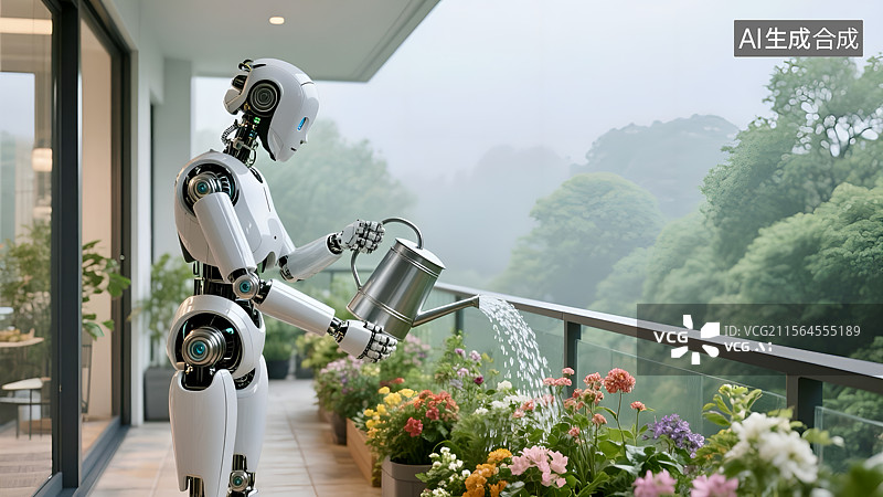 【AI数字艺术】阳台上的智能机器人园丁浇花图片素材