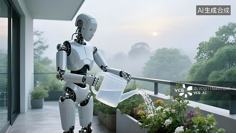【AI数字艺术】阳台上的智能机器人园丁浇花图片素材