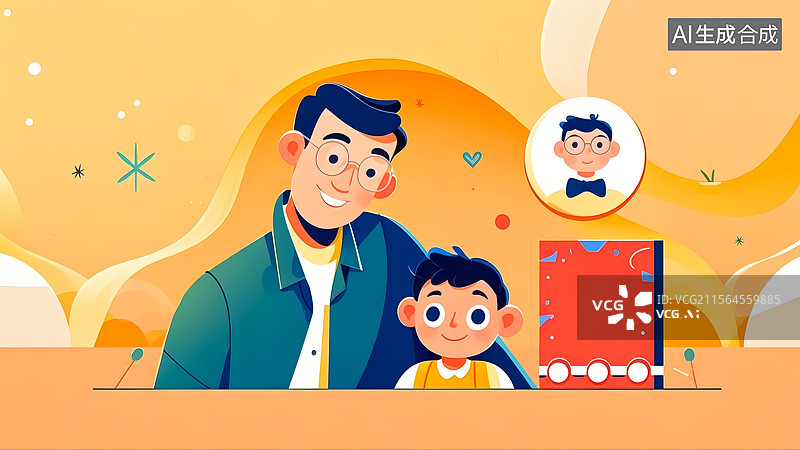 【AI数字艺术】父亲与儿子温馨相伴插画图片素材