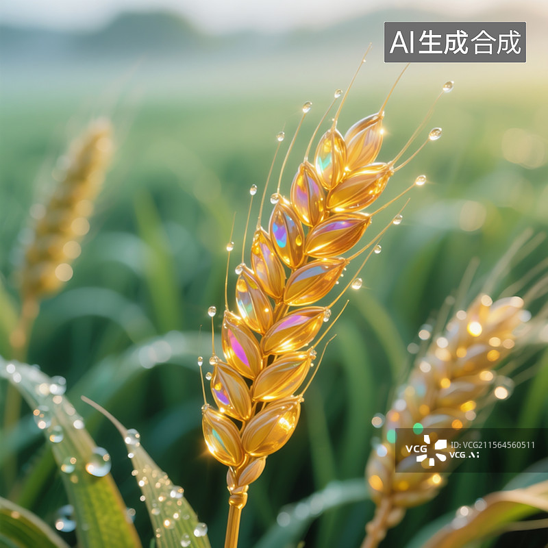 【AI数字艺术】笔岩彩特写构图，金黄麦穗颗粒呈现琥珀色渐变光泽，麦芒尖端植入光纤发光效果图片素材