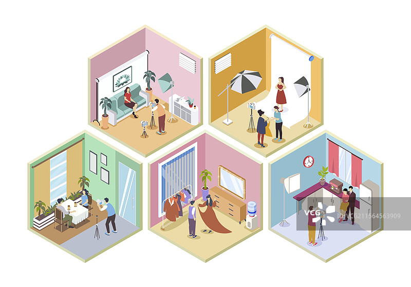 照片工作室3D等距房间概念图片素材