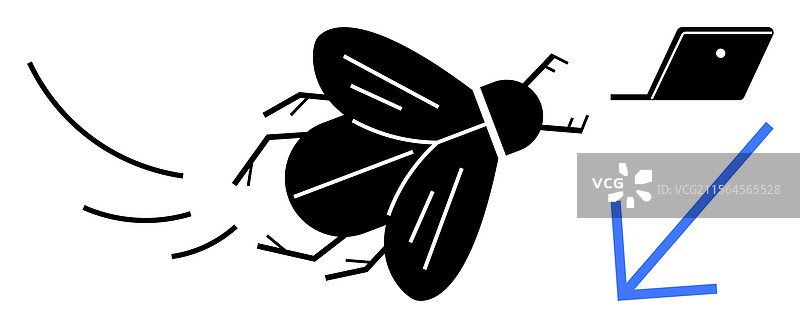 虫子飞向带蓝色箭头的笔记本电脑图片素材