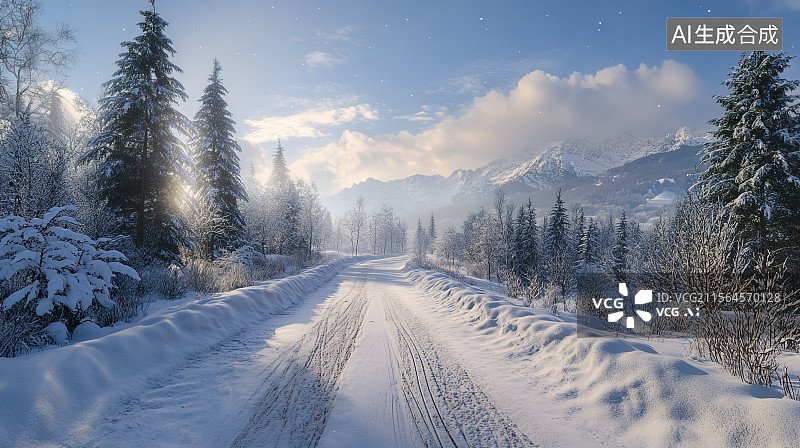 【AI数字艺术】冬日雪山公路图片素材