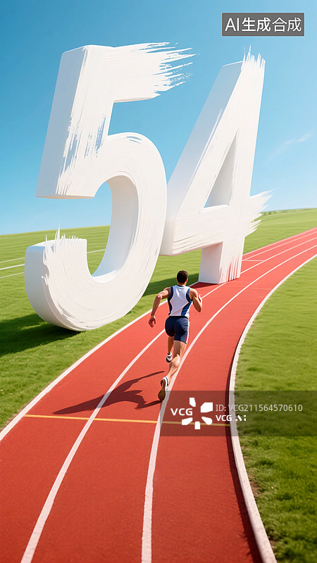 【AI数字艺术】数字54与跑道上跑步的青年图片素材