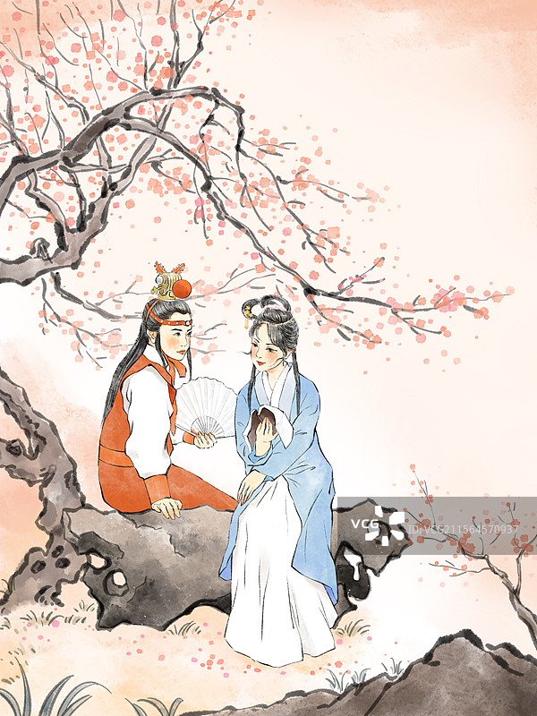 红楼梦典故木石前盟插画，林黛玉与贾宝玉，古代美女在园林公园庭院里游玩赏花看书读诗。图片素材