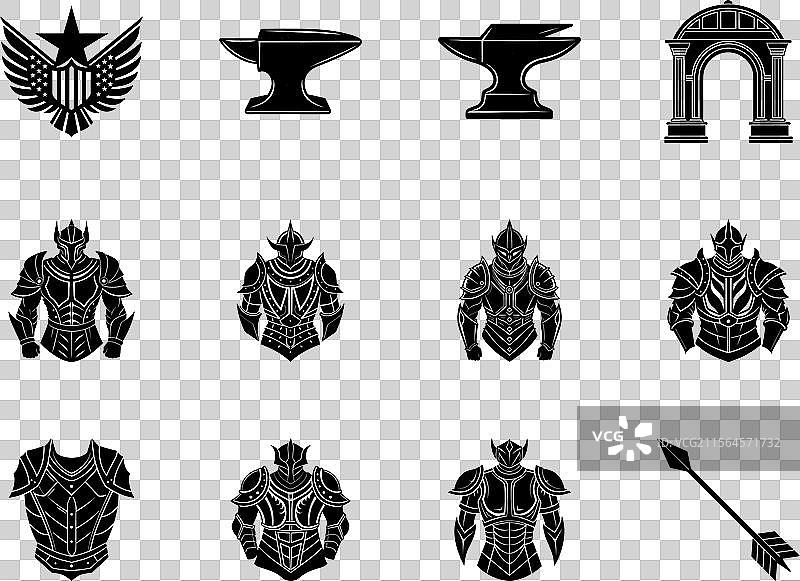 骑士盔甲、铁砧、美国鹰图标，黑色图片素材