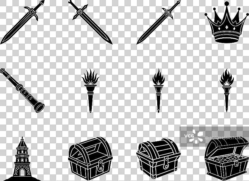 幻想游戏图标：剑、皇冠、宝箱图片素材