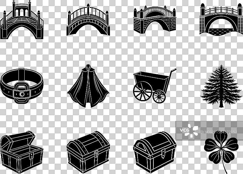 黑白图标集：桥梁、腰带、斗篷、手推车图片素材