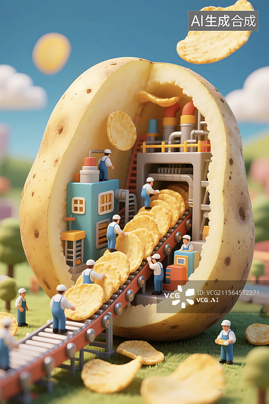 【AI数字艺术】创意零食微距土豆薯片加工工厂图片素材