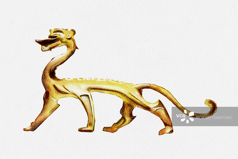 水彩手绘文物国宝唐代鎏金铜走龙博物馆图片素材