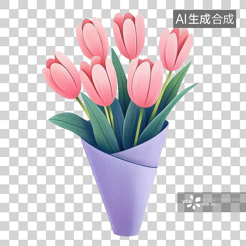 【AI数字艺术】卡通郁金香花束花卉花朵母亲节情人节可爱手绘彩铅风格插画背景图片素材
