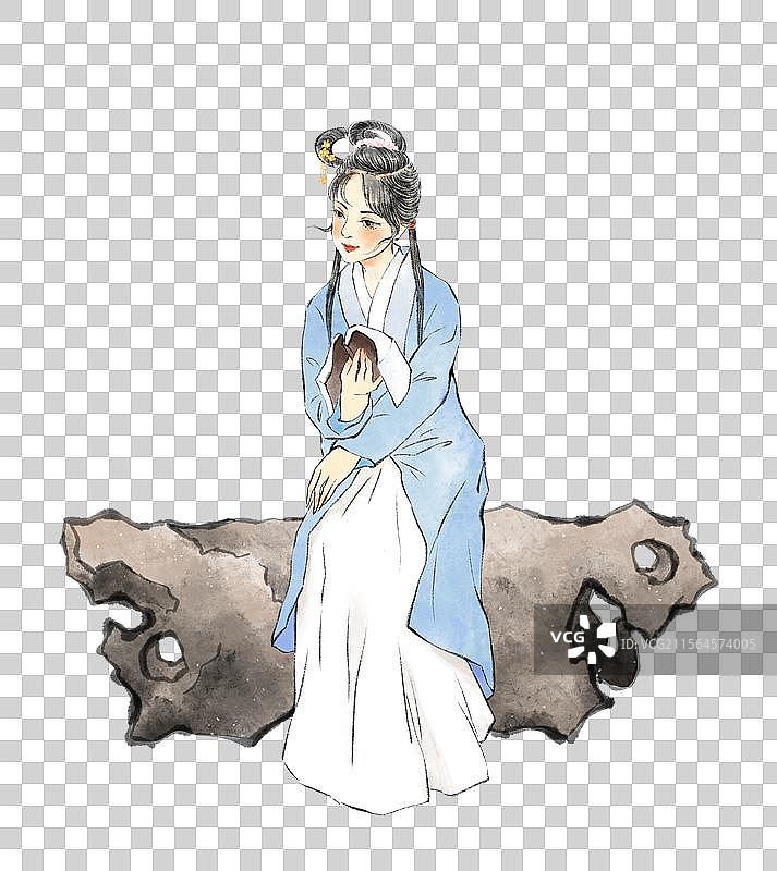 红楼梦金陵十二钗林黛玉，古代汉服美女坐在石头上看书读诗。图片素材