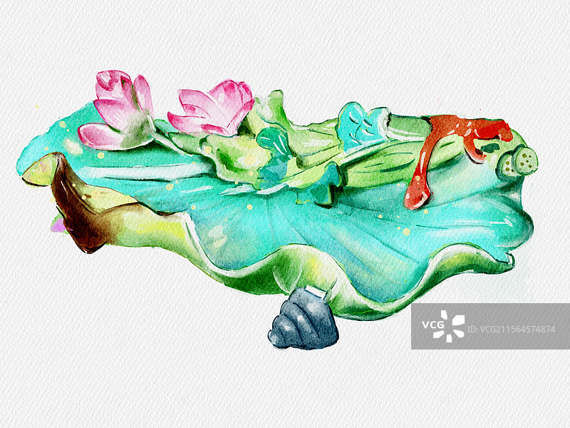 水彩手绘文物故宫乾隆荷叶香橼盘图片素材