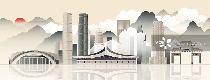 水墨画矢量图国风新中式山水云海东方意境图片素材