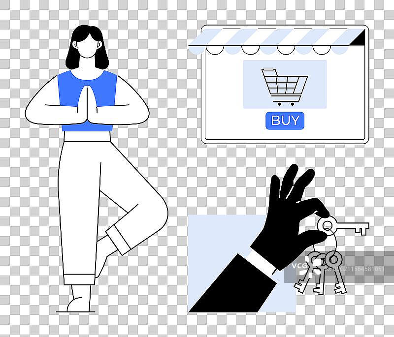 一个人在网上购物车中练习瑜伽姿势图片素材