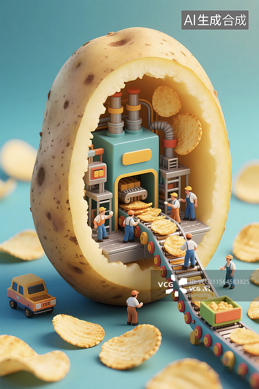 【AI数字艺术】创意零食微距土豆薯片加工工厂图片素材