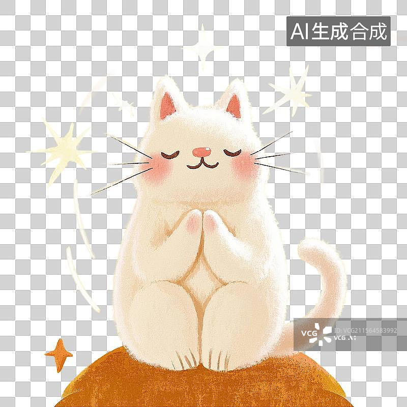 【AI数字艺术】治愈系手绘插画，双手合十，许愿的小猫，白猫，宠物猫，佛系宠物猫，祈福，祈祷，免抠元素图片素材