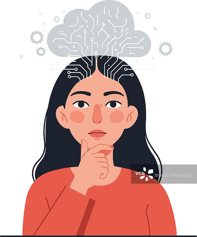 沉思的女性与电路大脑进行思考图片素材