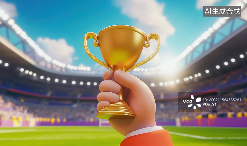 【AI数字艺术】3D三维手拿冠军奖杯在体育场图片素材