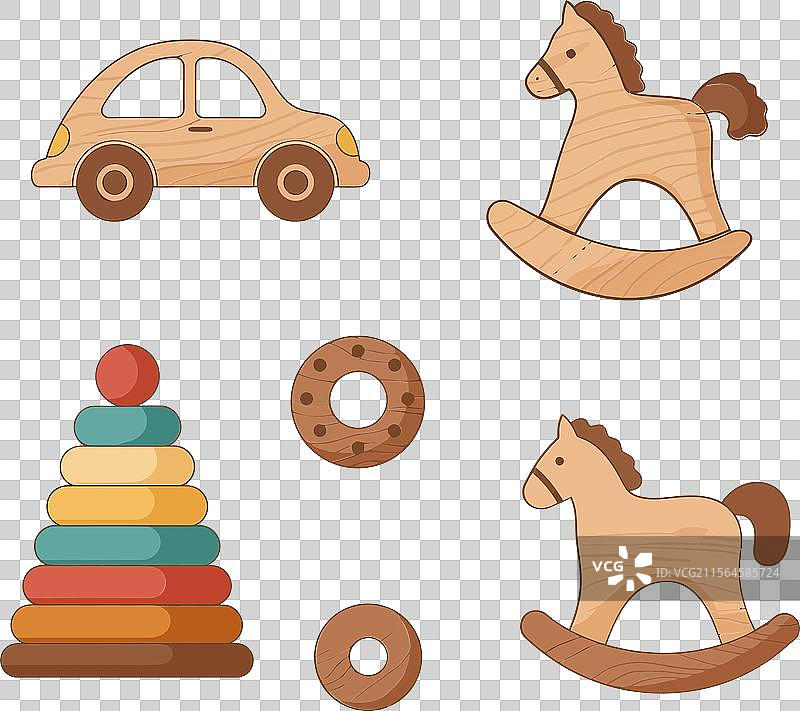 木制玩具，包括一辆车和摇马图片素材