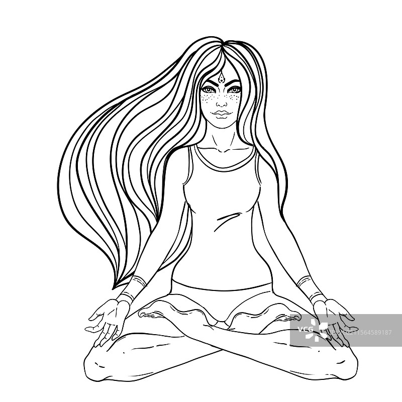 坐在莲花姿势中的女孩与脉轮概念图片素材