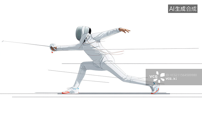 【AI数字艺术】一个人穿击剑服正在击剑运动白色干净背景插画；击剑运动白色背景插画壁纸图片素材