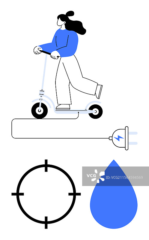 骑着电动滑板车的女性与插头目标图片素材