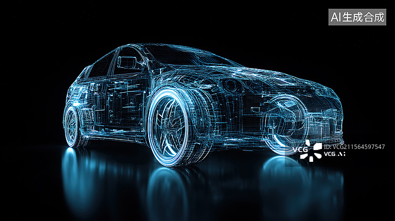 【AI数字艺术】汽车线框全息投影；黑色背景汽车线框全息投影图片素材