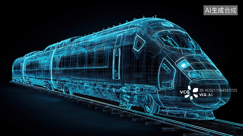 【AI数字艺术】高铁线框全息投影；黑色背景高铁线框全息投影背景壁纸图片素材