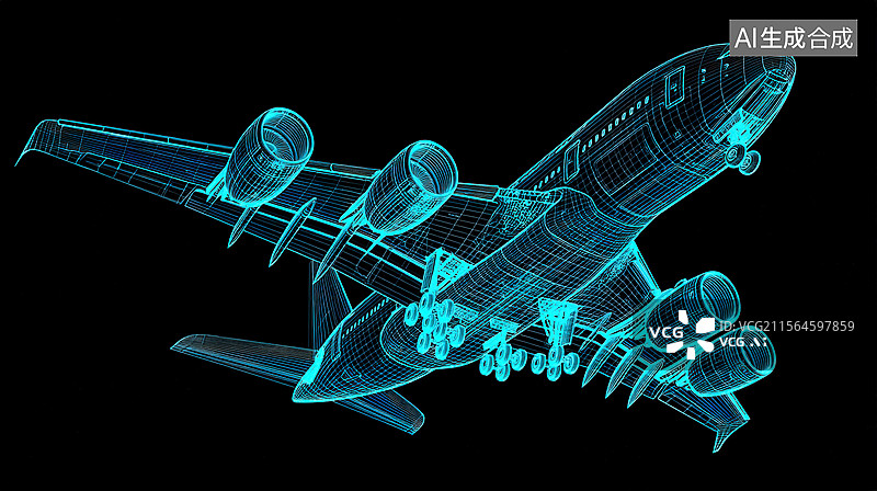 【AI数字艺术】飞机线框全息投影；黑色背景飞机线框全息投影背景壁纸图片素材
