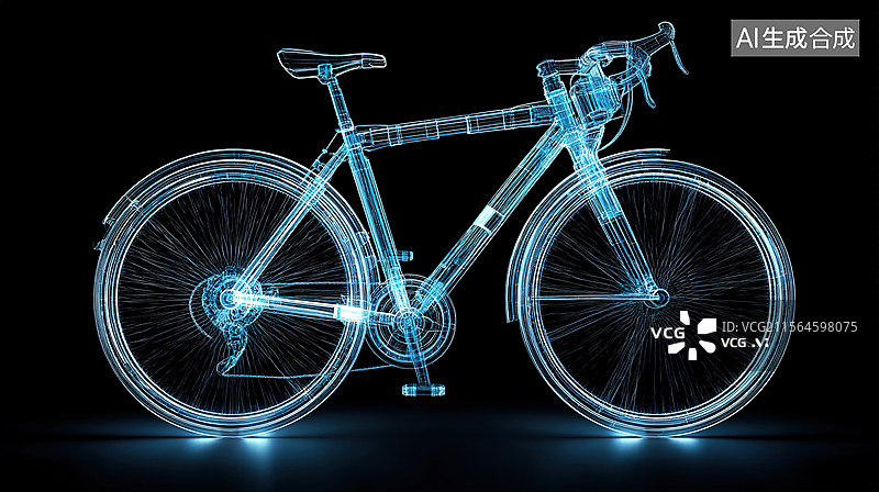 【AI数字艺术】自行车线框全息投影；黑色背景自行车线框全息投影背景壁纸图片素材